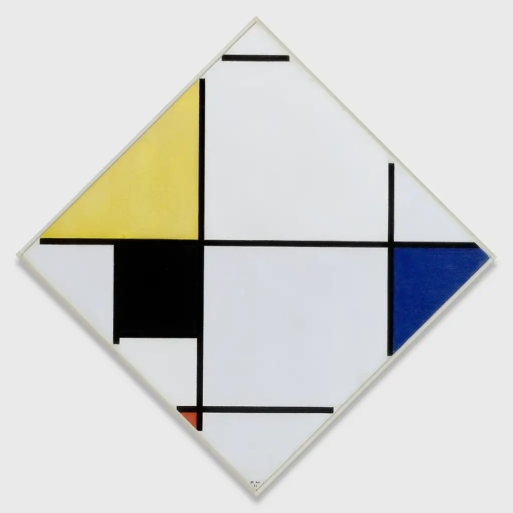 Lozenge Composition with Yellow, Black, Blue, Red, and Gray in Detail Piet Mondrian